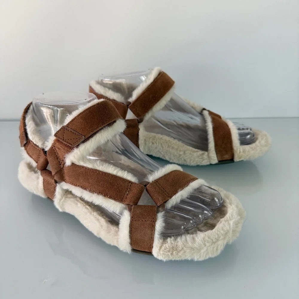 Vionic Viva Sandals Womens 6 Toffee Brown Suede Faux‎ Fur Strappy Orthotic 11298